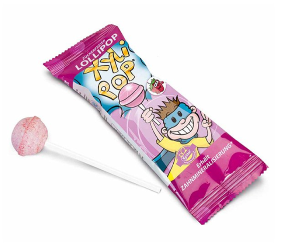 Miradent XyliPop lízátko s příchutí jahod, 1ks