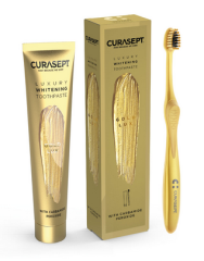 Curasept Luxury Gold bělicí zubní pasta s karbamid peroxidem 75 ml a ultrasoft zubní kartáček